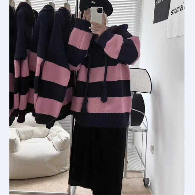 Womens Knitwear | Hooded Wide Stripe Knit Pullover Clothing Knitwear